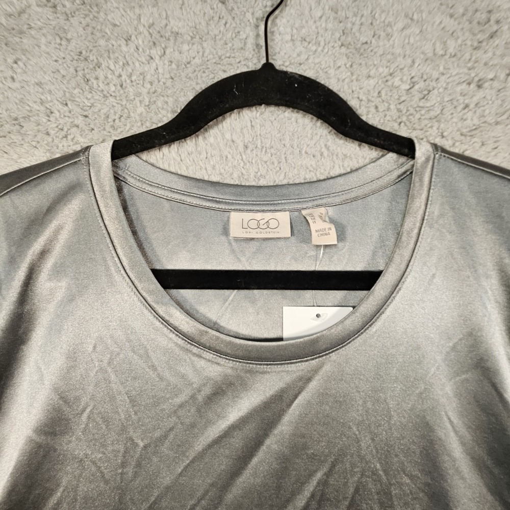 LOGO Lori Goldstein Top Womens 1X Silver Metallic Ruched Sleeve Knit Tunic